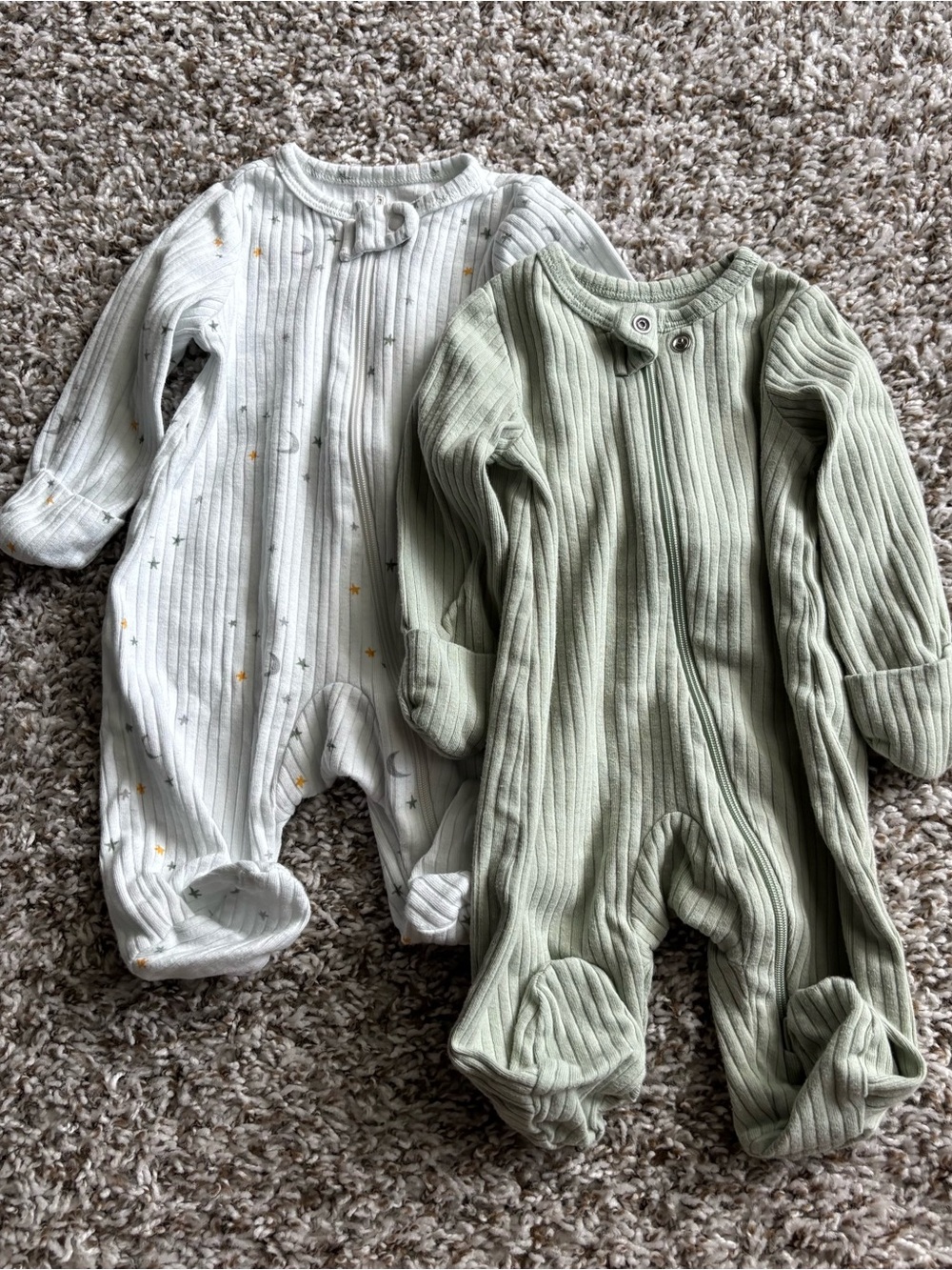 Carter's Ribbed Footed One-Piece Sleepers in Sage Green and White Star Print